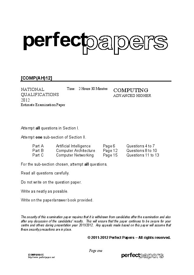 Computing (Advanced Higher) 2011 - 2012 with PowerPoint question paper cover