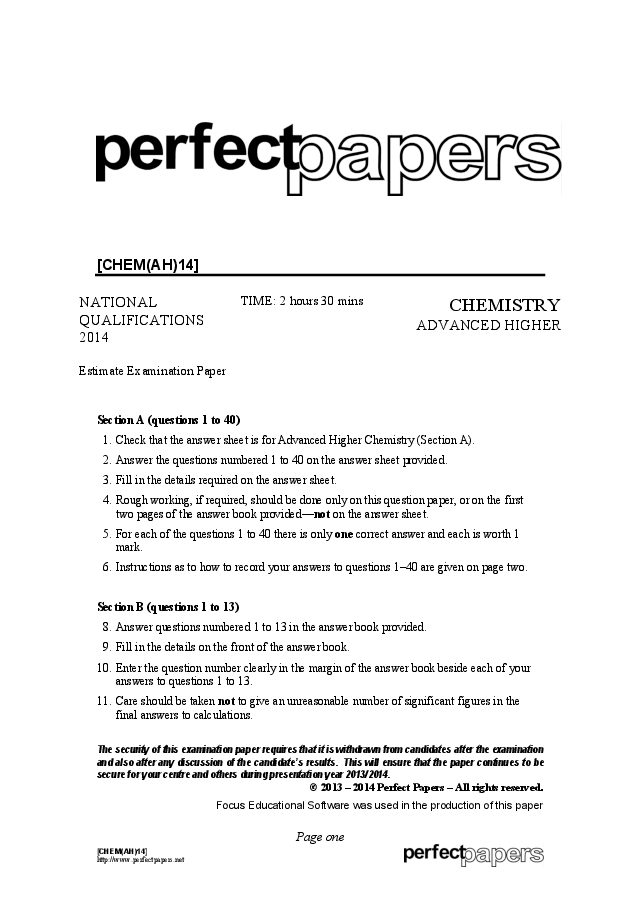 Chemistry (Advanced Higher) 2013 - 2014 question paper cover
