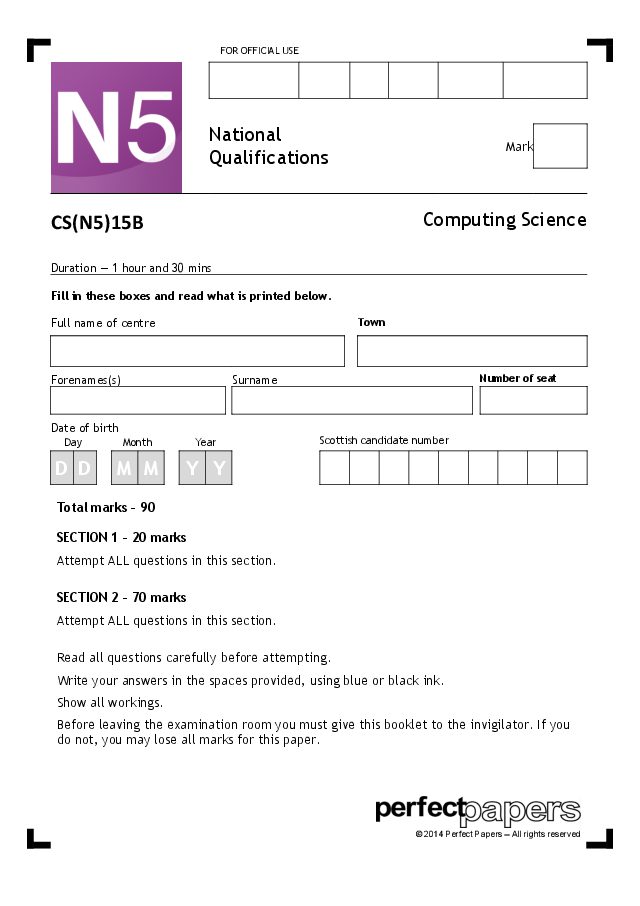 2015 Computing Science (National 5) - PAPER B question paper cover