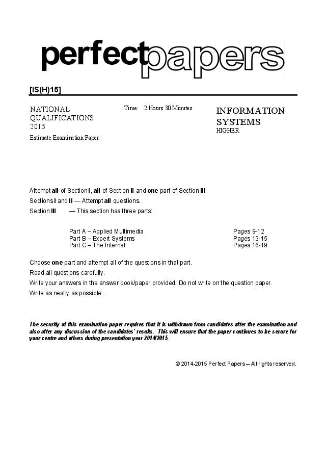 Information Systems (Higher) 2014 - 2015 with PowerPoint question paper cover