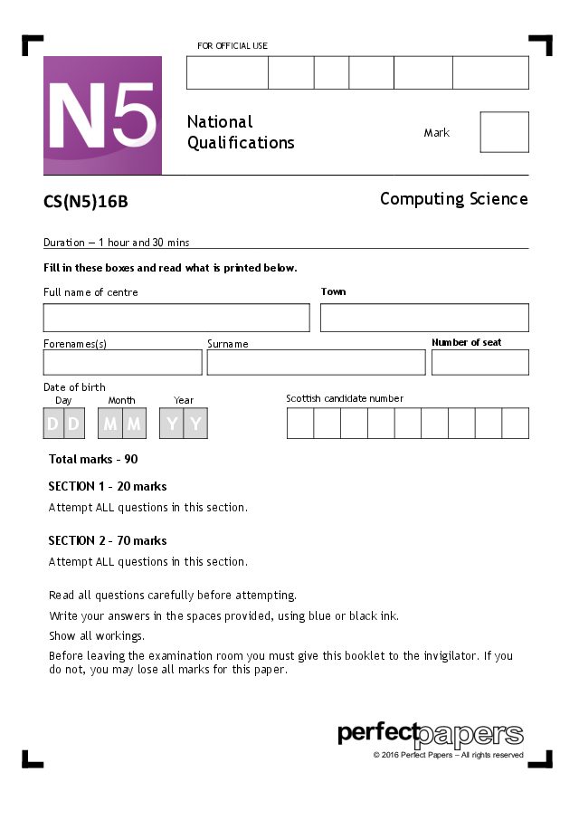 2016 Computing Science (National 5) - PAPER B question paper cover