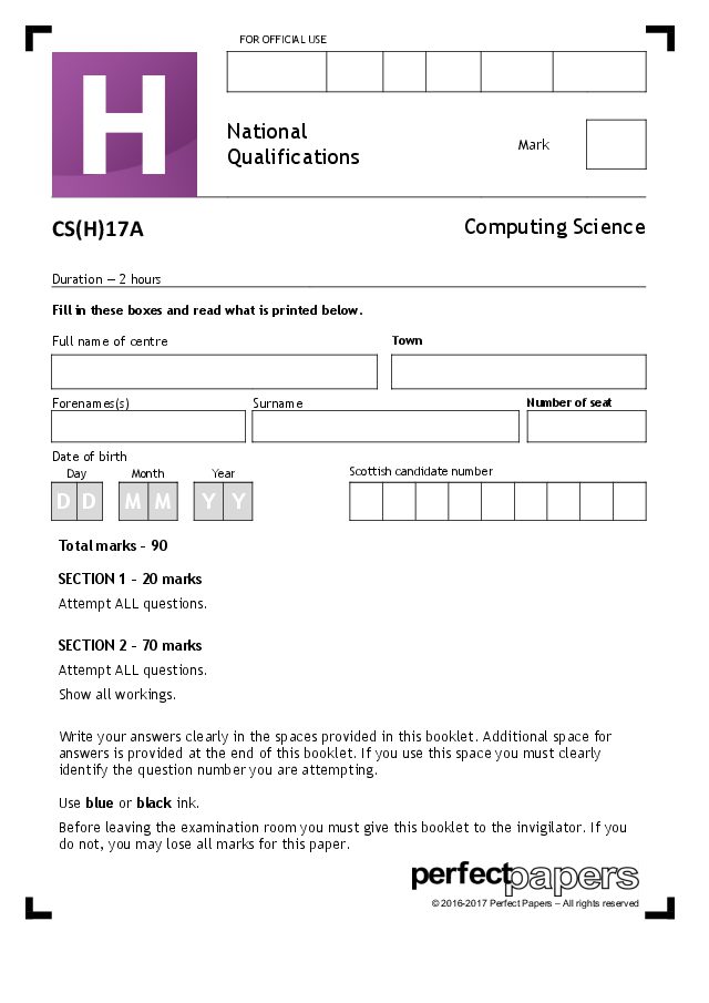 2017 Computing Science (Higher) - PAPER A question paper cover