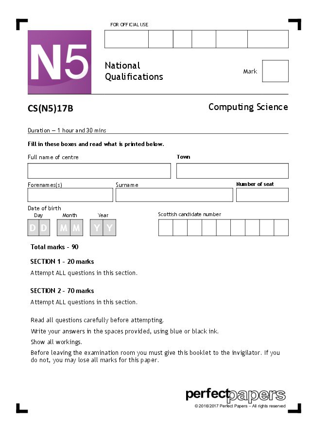 2017 Computing Science (National 5) - PAPER B question paper cover