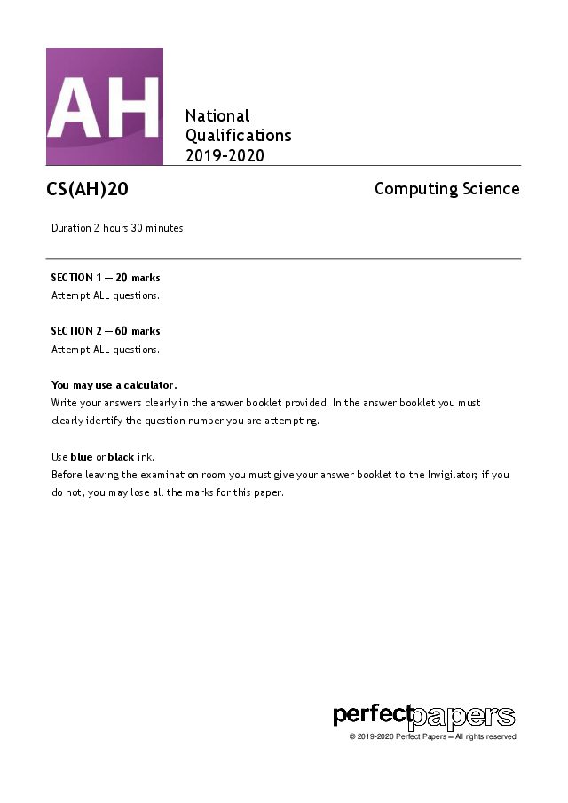 2020 Computing Science (Advanced Higher) with PowerPoint question paper cover