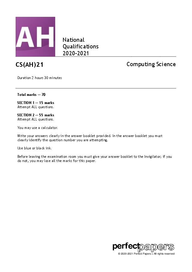 2021 Computing Science (Advanced Higher) with PowerPoint question paper cover