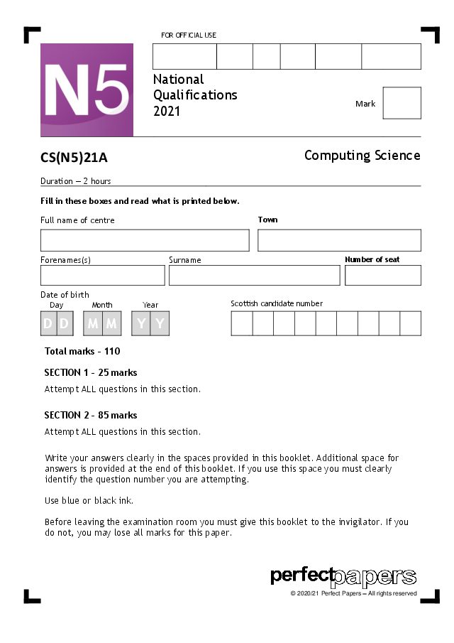 2021 Computing Science (National 5) - PAPER A question paper cover