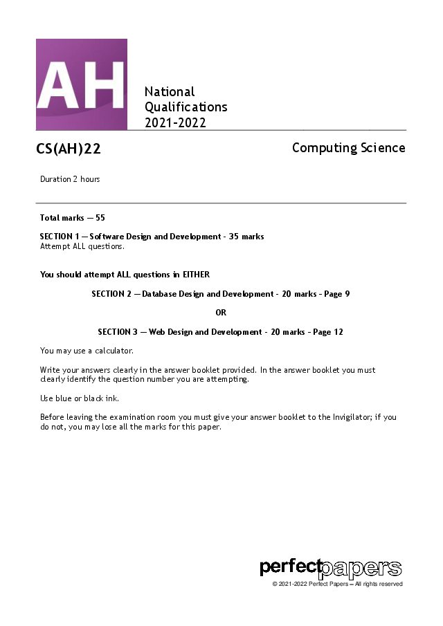 2022 Computing Science (Advanced Higher) with PowerPoint question paper cover