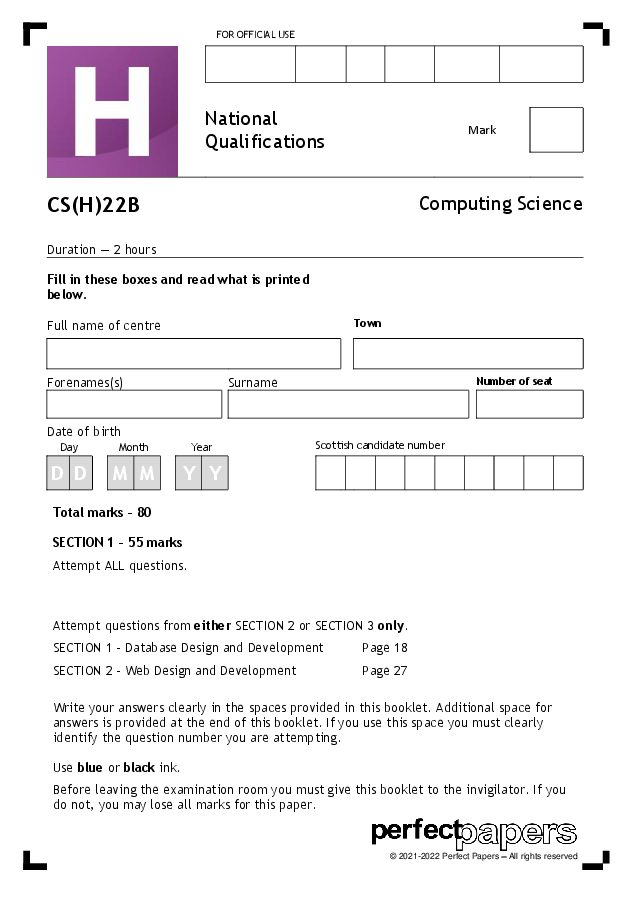 2022 Computing Science (Higher) - PAPER B question paper cover