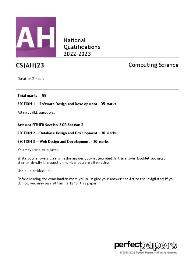 2023 Computing Science (Advanced Higher) with PowerPoint question paper cover