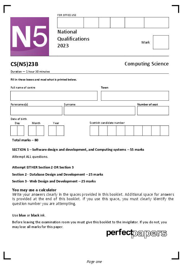 2023 Computing Science (National 5) - PAPER B question paper cover