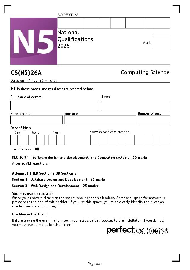 2026 Computing Science (National 5) - PAPER A question paper cover