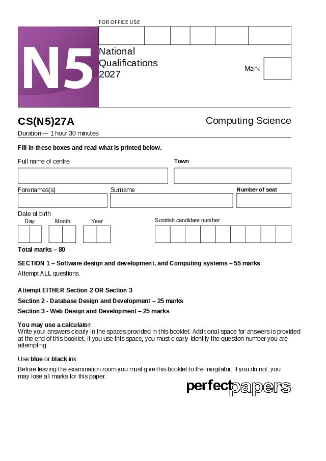 2027 Computing Science N5 (Bundle) with PowerPoint question paper cover
