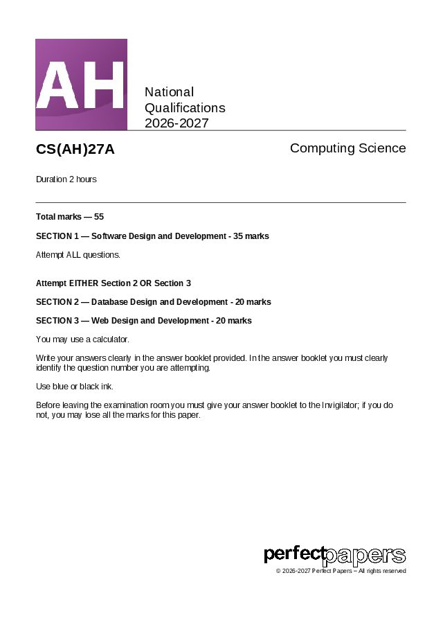 2027 Computing Science (Advanced Higher) - PAPER A question paper cover